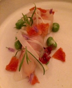 Lobster, butter-poached with citrus, daikon, and fava beans